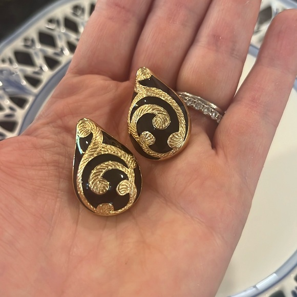 Christian Dior Vintage Black Enamel Pierced Earrings - Picture 1 of 5